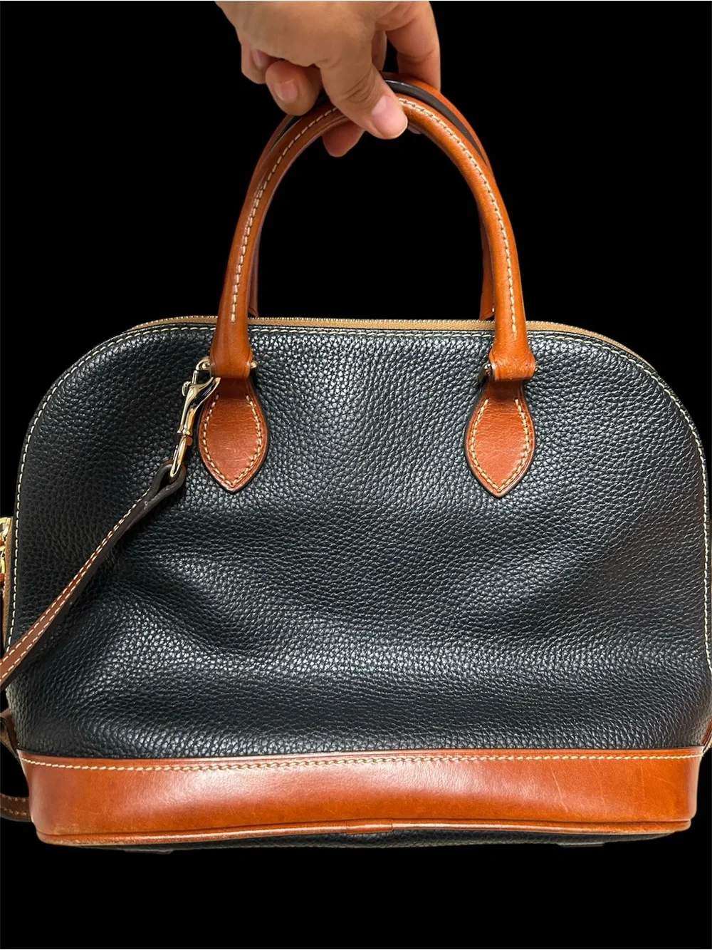 Dooney & Bourke Black Pebbled Leather Satchel with Tan Trim